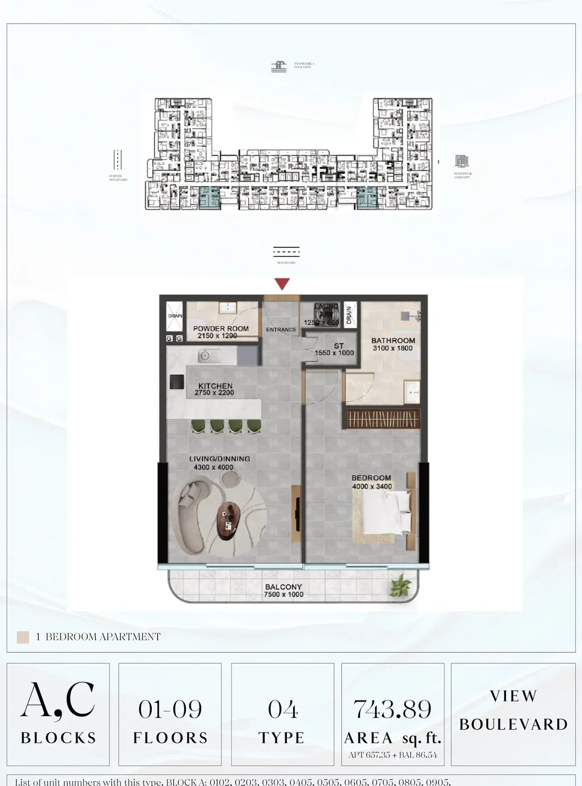 Vivanti Residences standard 1-bedroom apartment floor plan for Blocks A/C, Floors 01-09, Type 04, 743.89 sq ft
