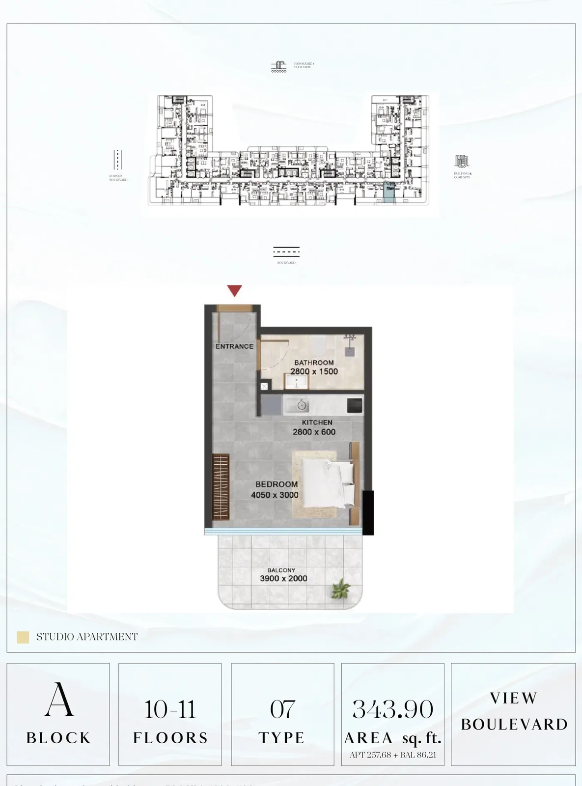 Vivanti Residences standard studio apartment floor plan for Block A, Floors 10-11, Type 07, 343.90 sq ft