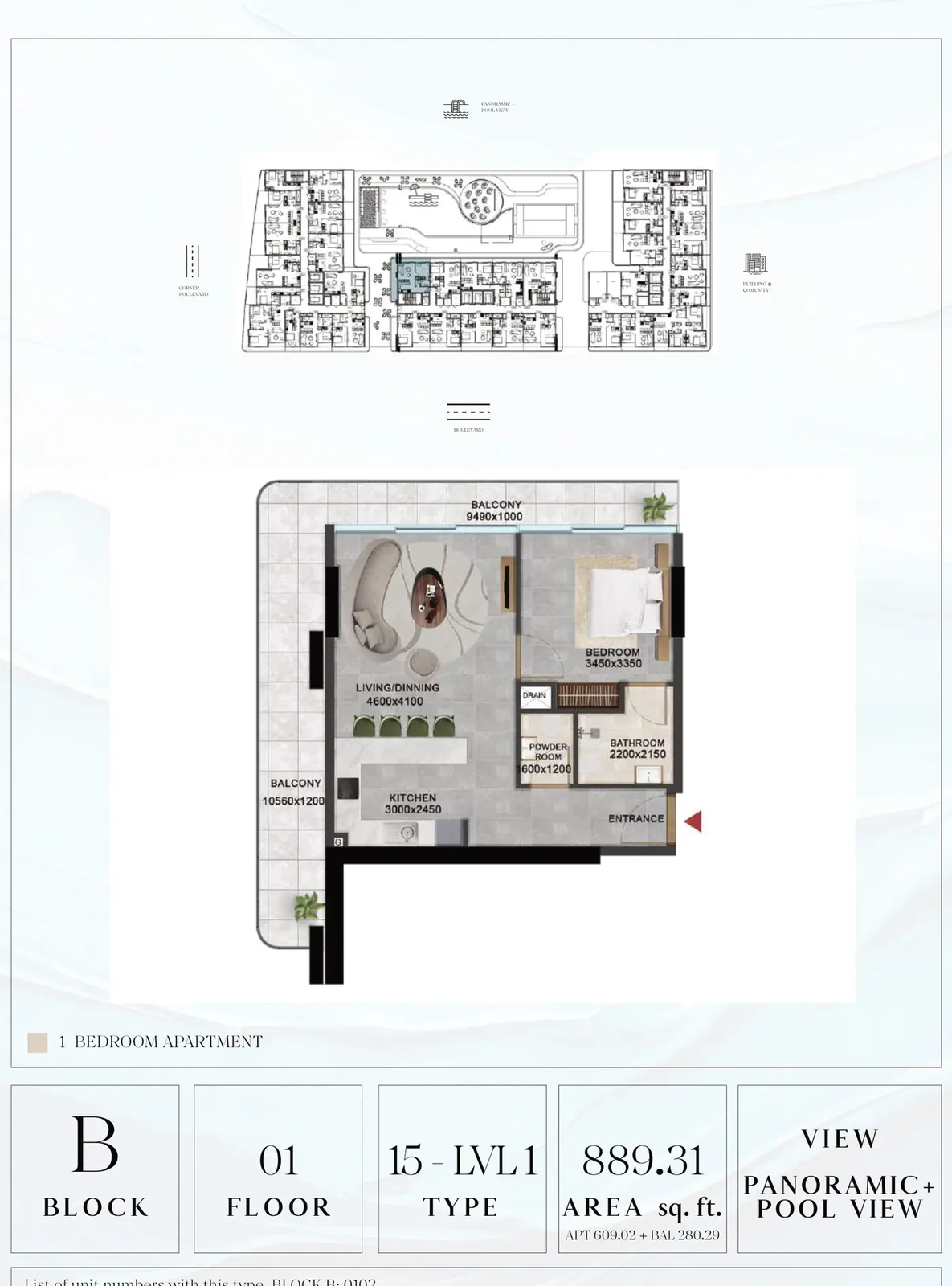 Vivanti Residences standard 1-bedroom apartment floor plan for Block B, Floor 01, Type 15-LVL1, 889.31 sq ft