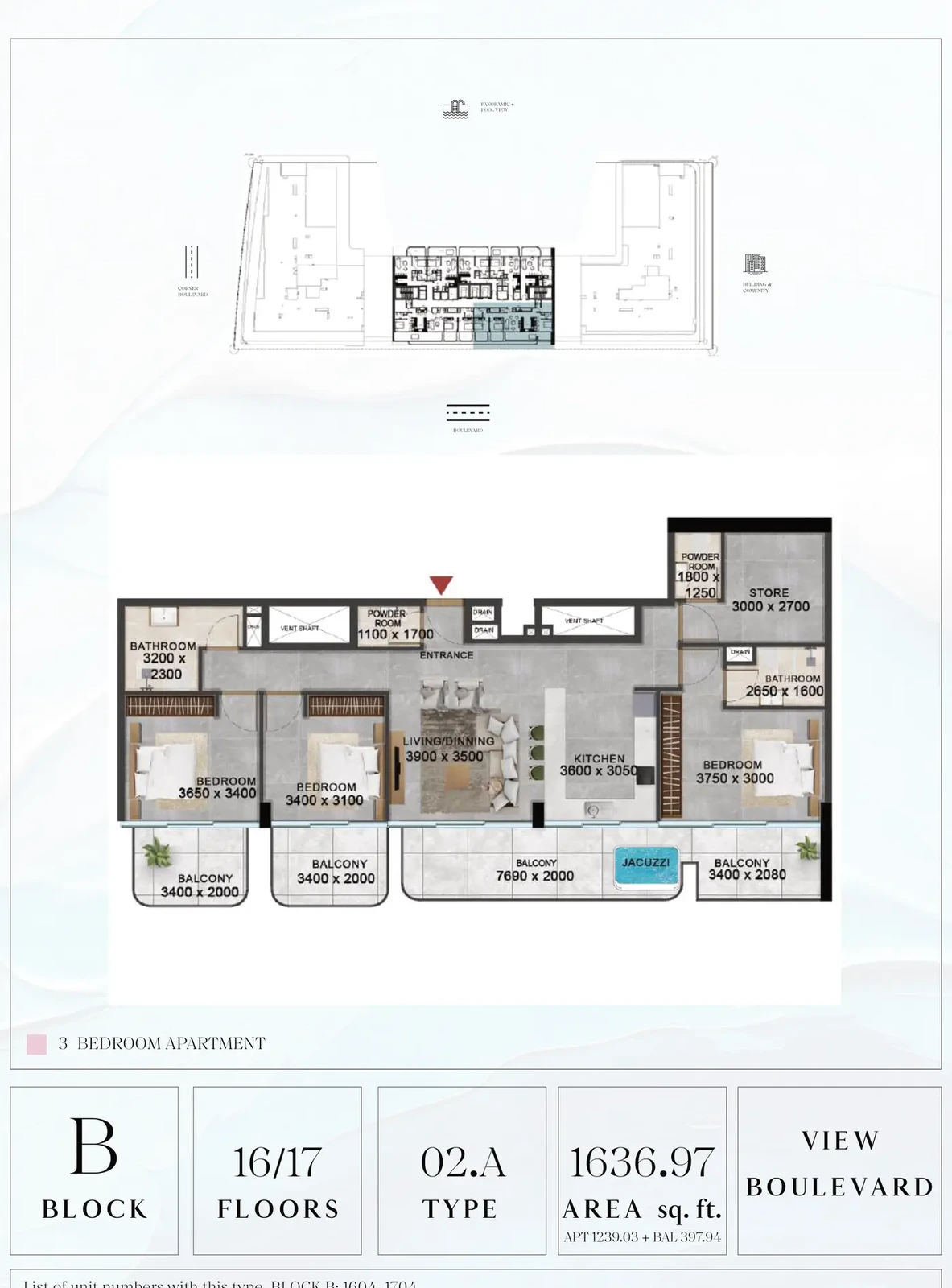 Vivanti Residences standard 3-bedroom apartment floor plan for Block B, Floors 16-17, Type 02.A, 1,636.97 sq ft