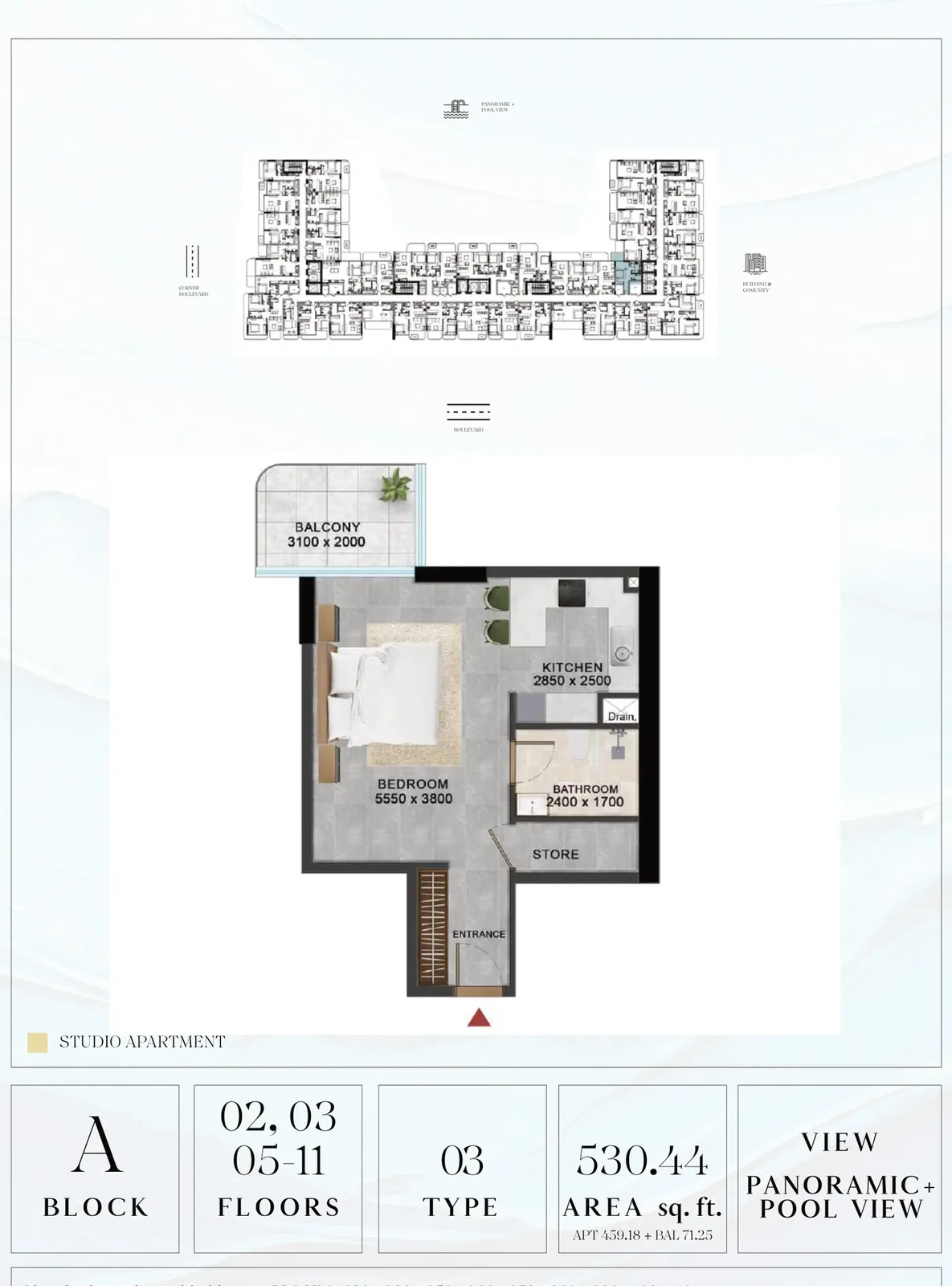 Vivanti Residences standard studio apartment floor plan for Block A, Floors 02-03, 05-11, Type 03, 530.44 sq ft
