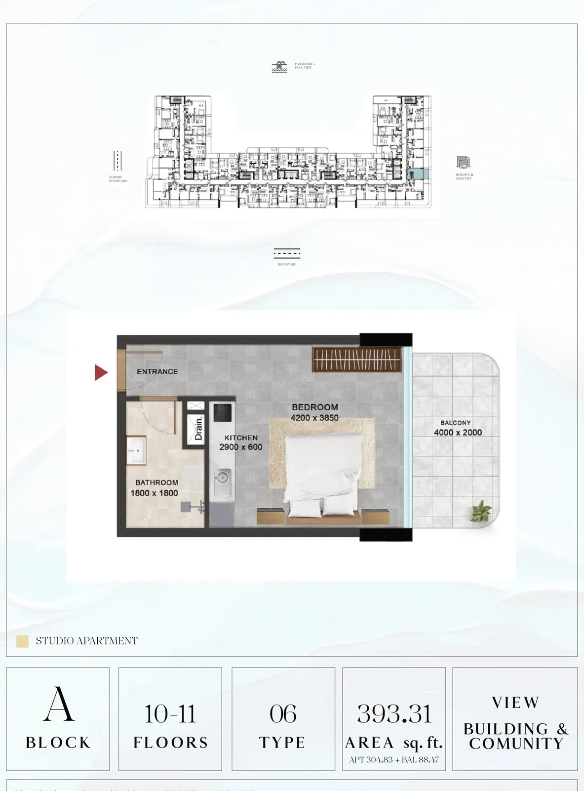 Vivanti Residences standard studio apartment floor plan for Block A, Floors 10-11, Type 06, 393.31 sq ft