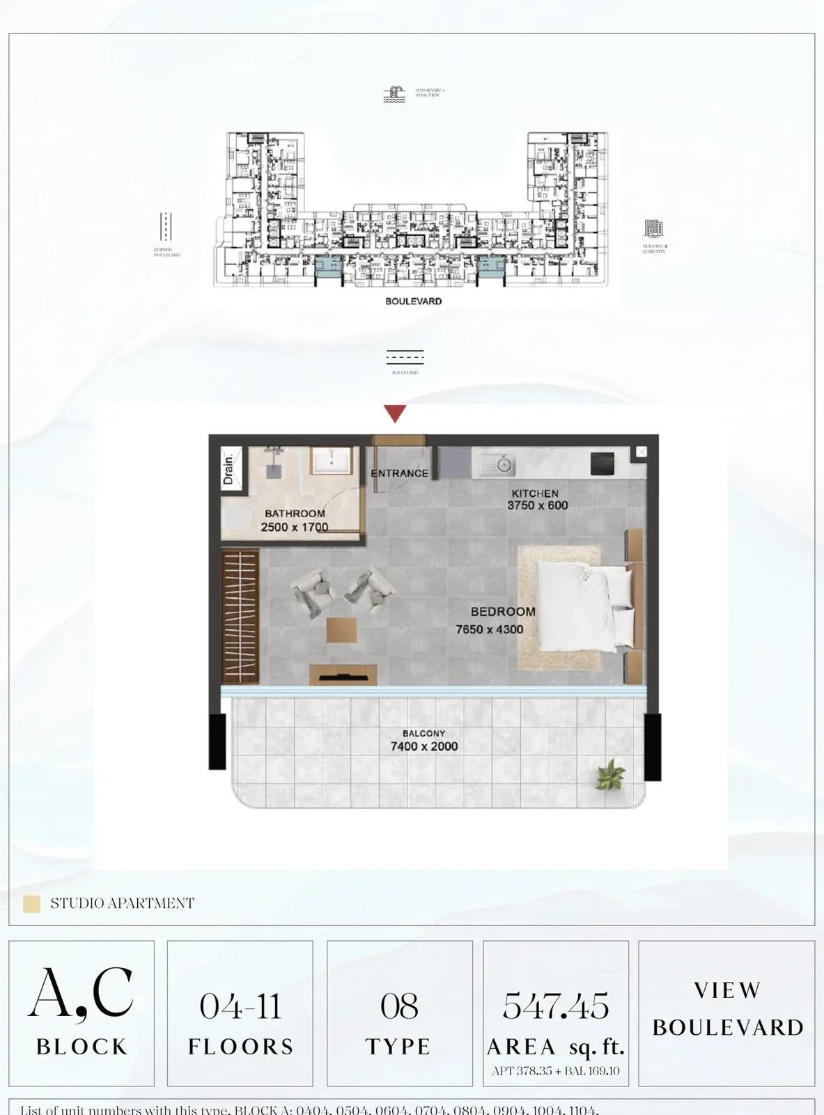 Vivanti Residences standard studio apartment floor plan for Blocks A/C, Floors 04-11, Type 08, 547.45 sq ft