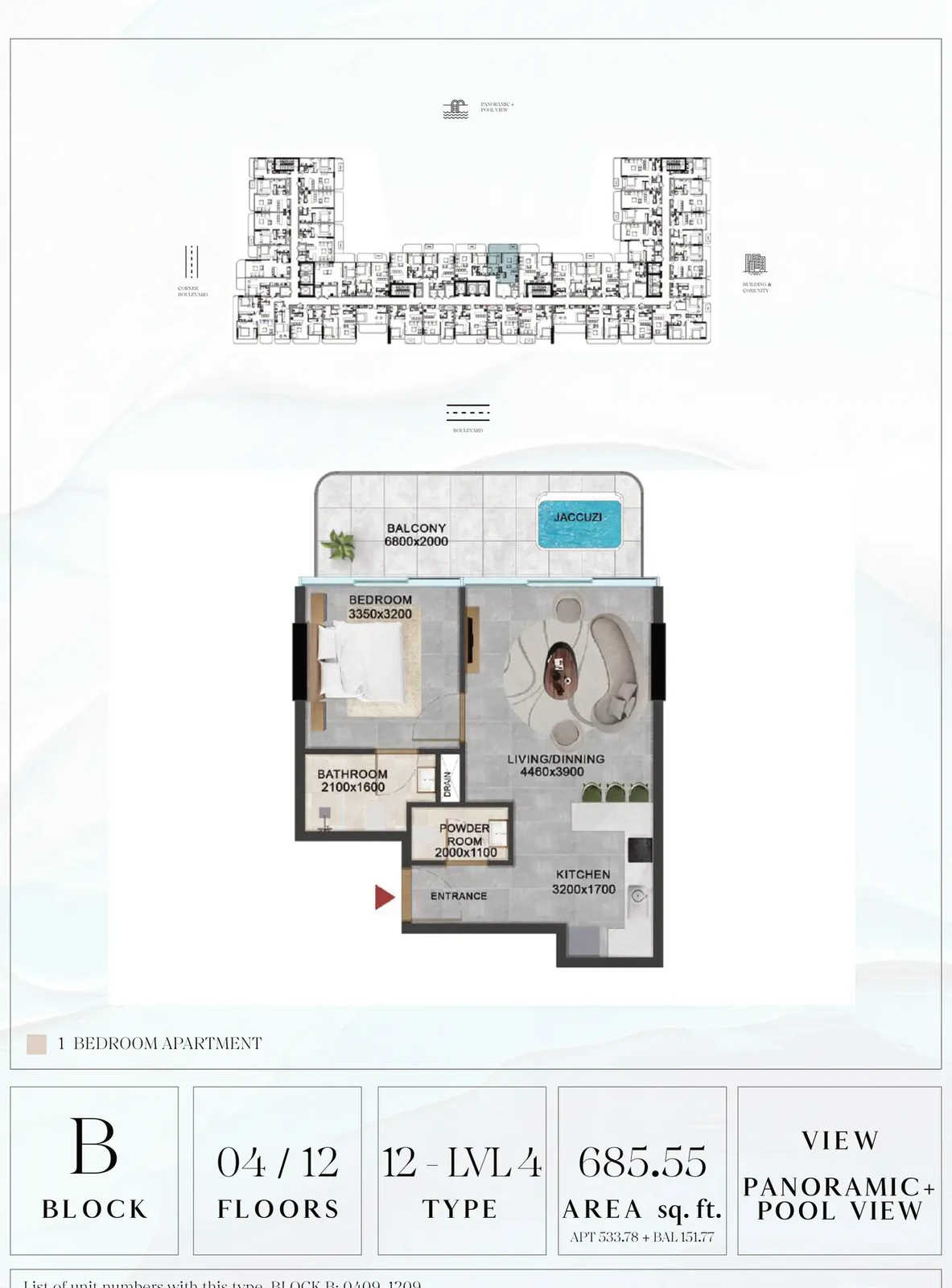 Vivanti Residences standard 1-bedroom apartment floor plan for Block B, Floors 04/12, Type 12-LVL4, 685.55 sq ft