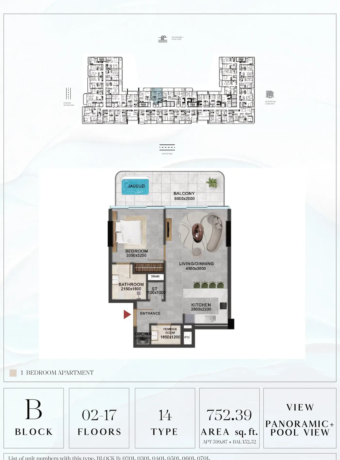 Vivanti Residences standard 1-bedroom apartment floor plan for Block B, Floors 02-17, Type 14, 752.39 sq ft