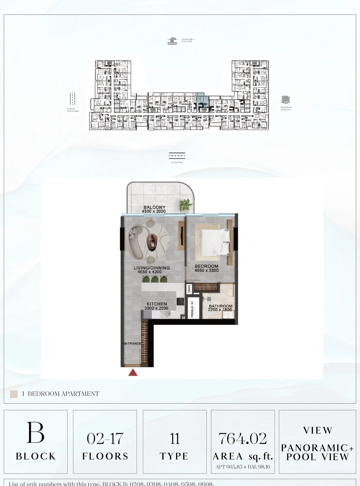 Vivanti Residences standard 1-bedroom apartment floor plan for Block B, Floors 02-17, Type 11, 764.02 sq ft