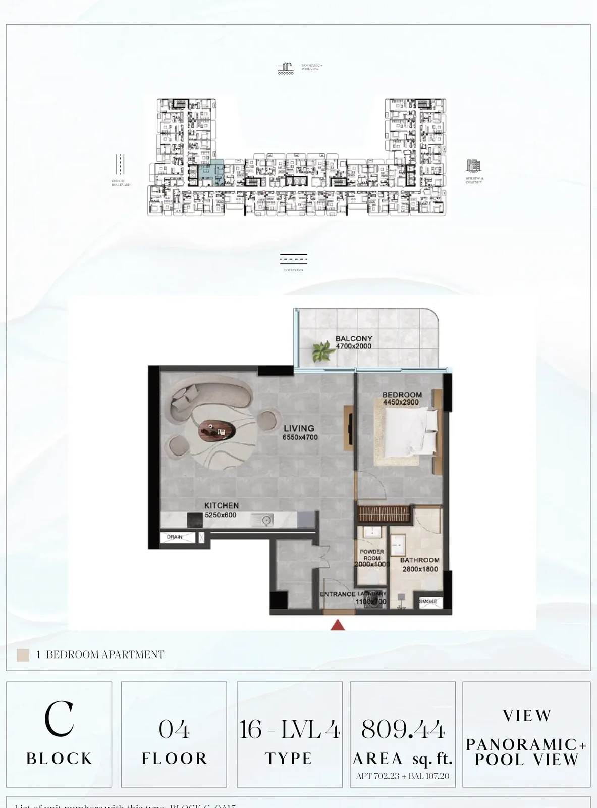 Vivanti Residences standard 1-bedroom apartment floor plan for Block C, Floor 04, Type 16-LVL4, 809.44 sq ft