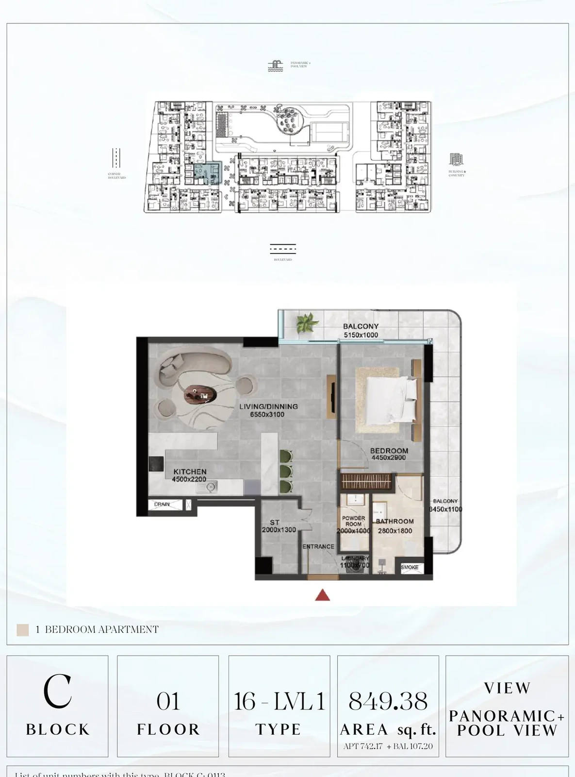 Vivanti Residences standard 1-bedroom apartment floor plan for Block C, Floor 01, Type 16-LVL1, 849.38 sq ft