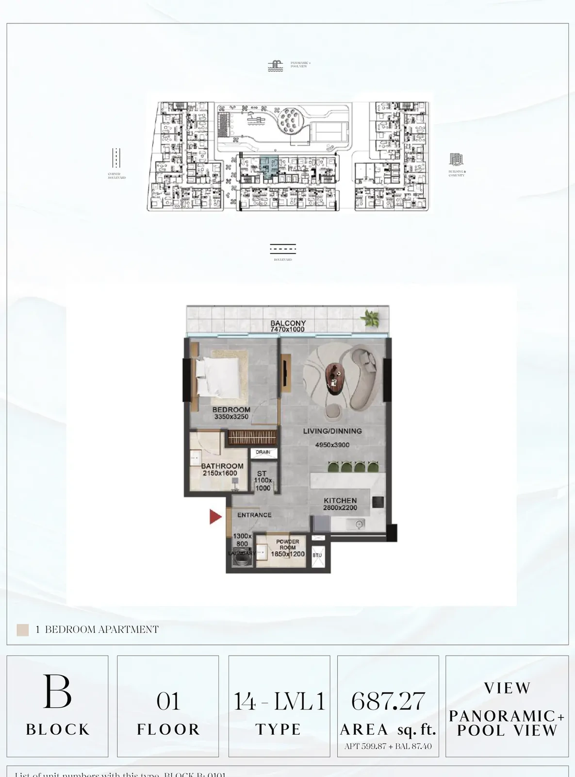 Vivanti Residences standard 1-bedroom apartment floor plan for Block B, Floor 01, Type 14-LVL1, 687.27 sq ft