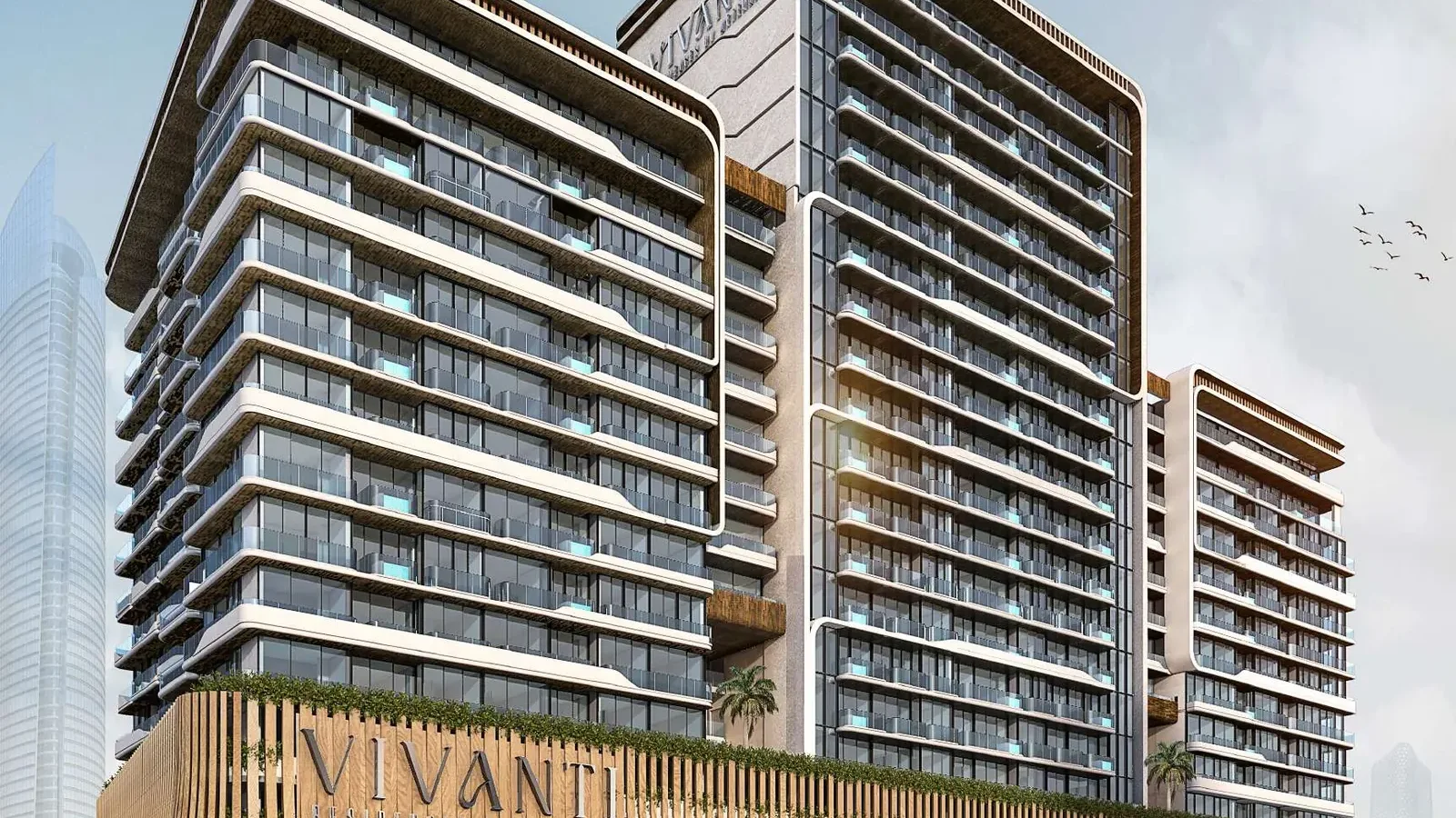 Vivanti Residences tower exterior with a curved facade and retail podium