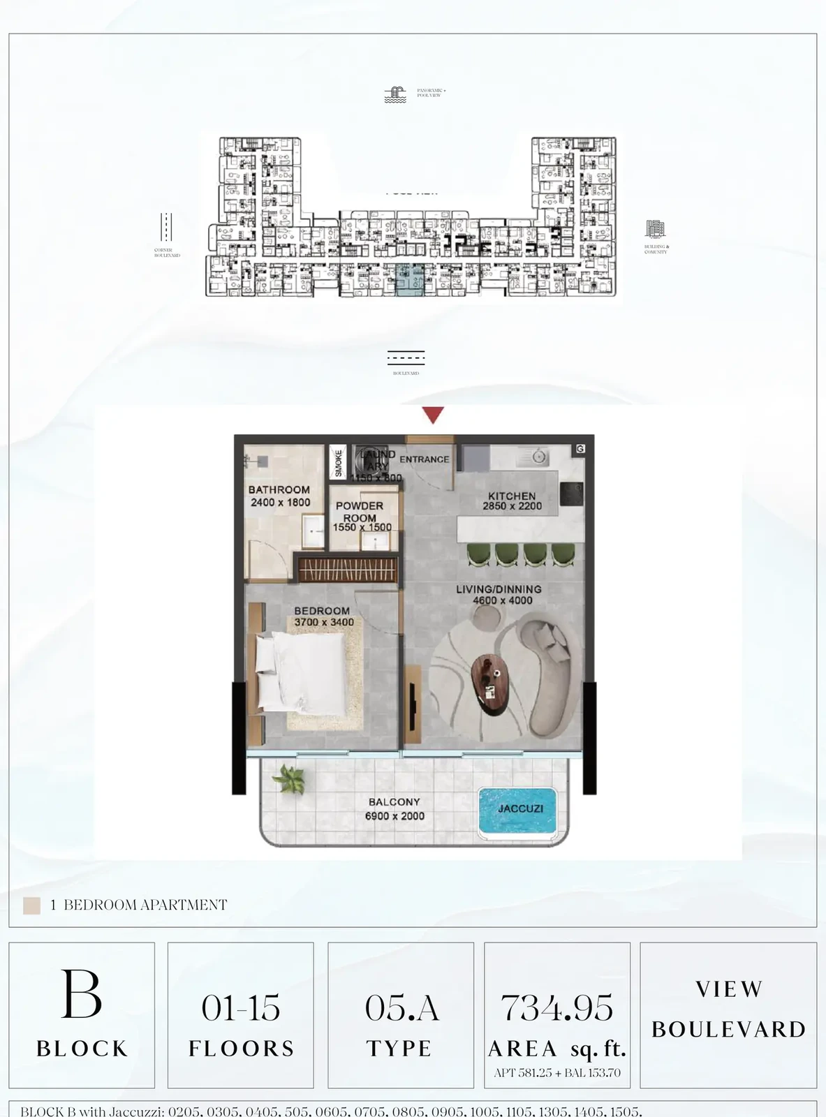 Vivanti Residences standard 1-bedroom apartment floor plan for Block B, Floors 01-15, Type 05.A, 734.95 sq ft
