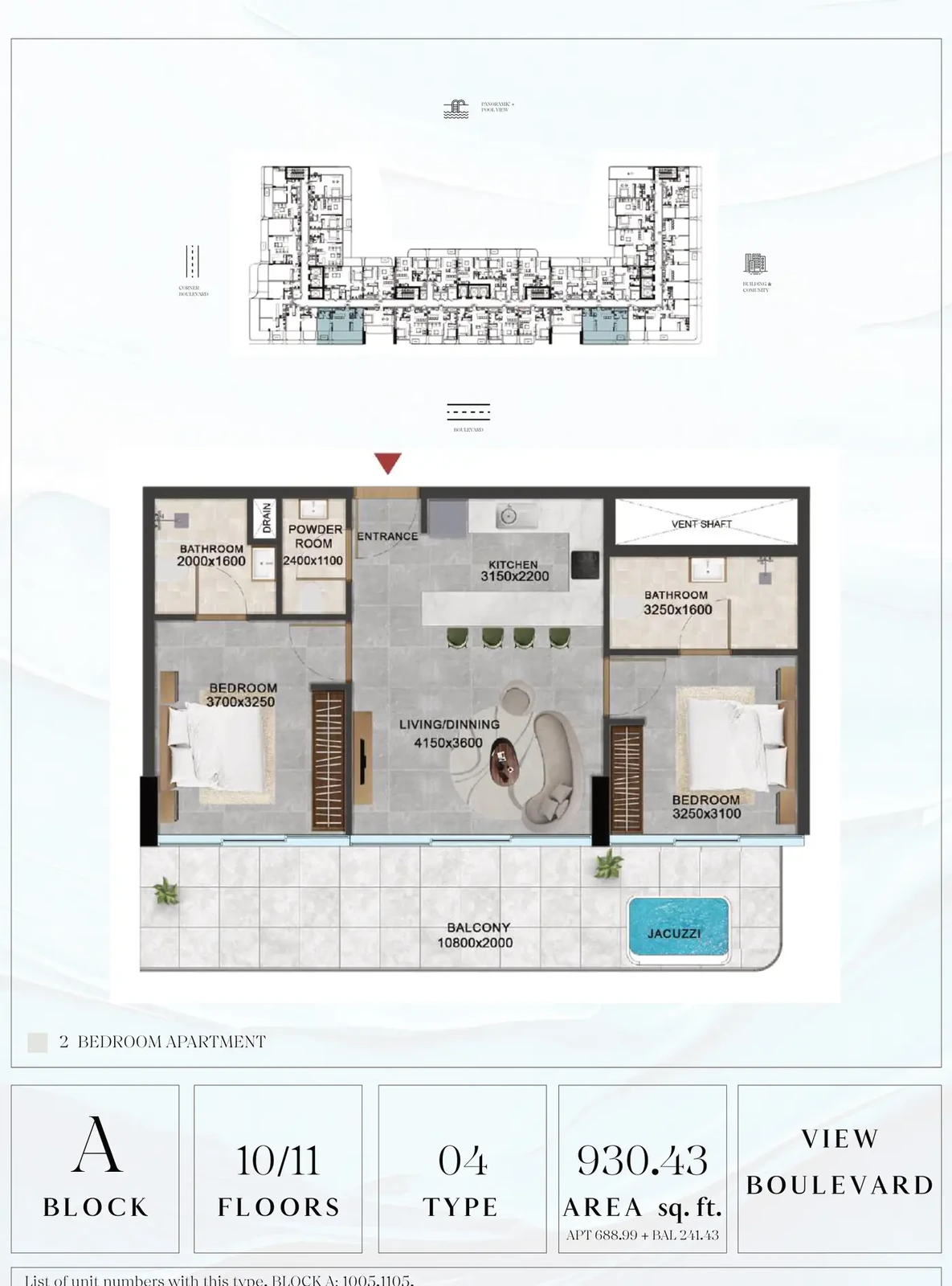 Vivanti Residences standard 2-bedroom apartment floor plan for Blocks A/C, Floors 10-11, Type 04, 930.43 sq ft
