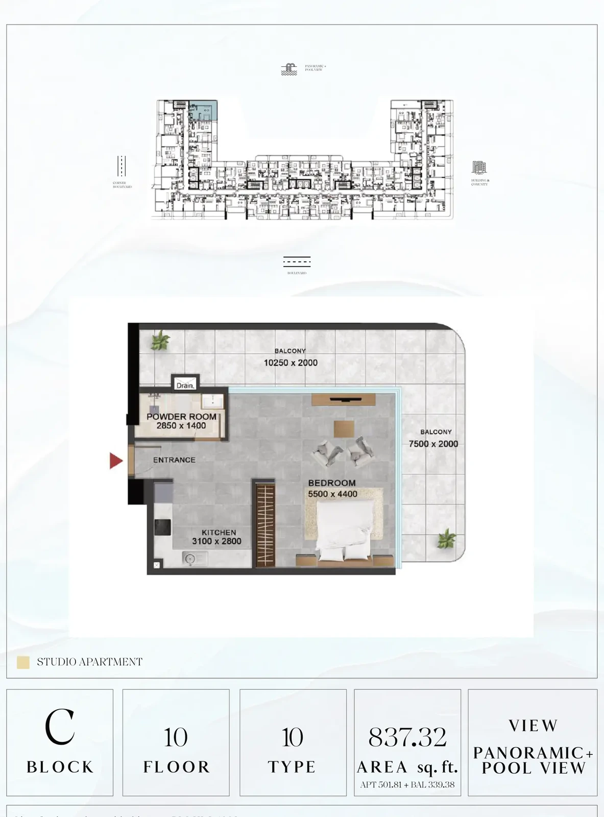 Vivanti Residences standard studio apartment floor plan for Block C, Floor 10, Type 10, 837.32 sq ft