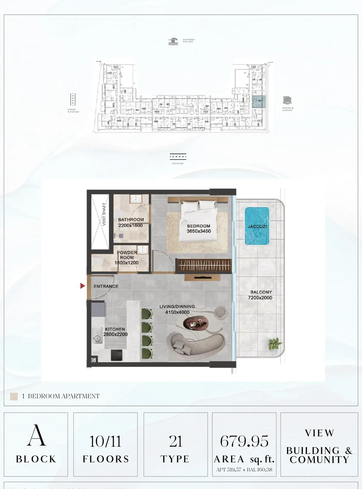 Vivanti Residences standard 1-bedroom apartment floor plan for Block A, Floors 10-11, Type 21, 679.95 sq ft