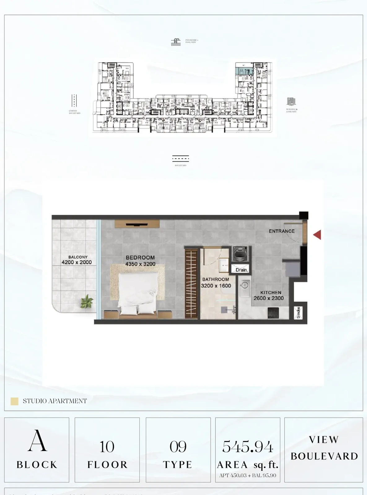 Vivanti Residences standard studio apartment floor plan for Block A, Floor 10, Type 09, 545.94 sq ft