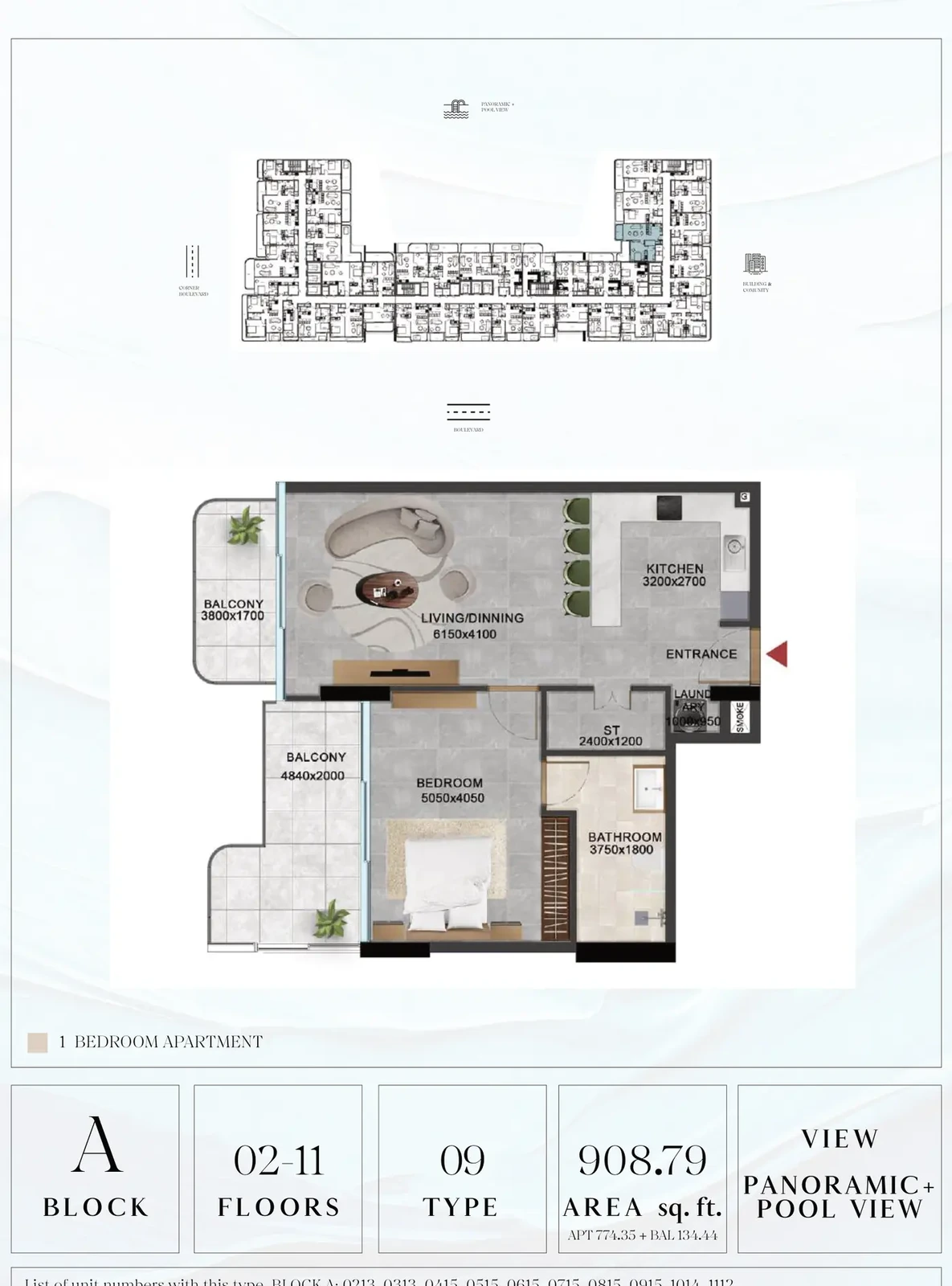 Vivanti Residences standard 1-bedroom apartment floor plan for Block A, Floors 02-11, Type 09, 908.79 sq ft