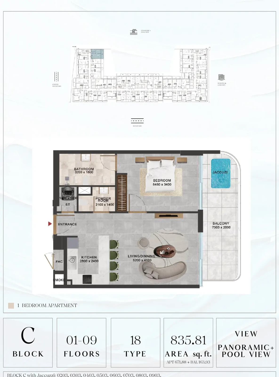 Vivanti Residences standard 1-bedroom apartment floor plan for Block C, Floors 01-09, Type 18, 835.81 sq ft