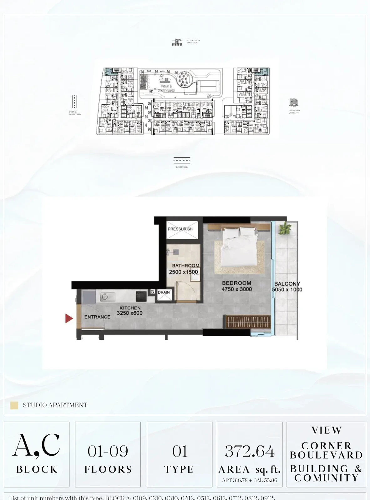 Vivanti Residences standard studio apartment floor plan for Blocks A/C, Floors 01-09, Type 01, 372.64 sq ft