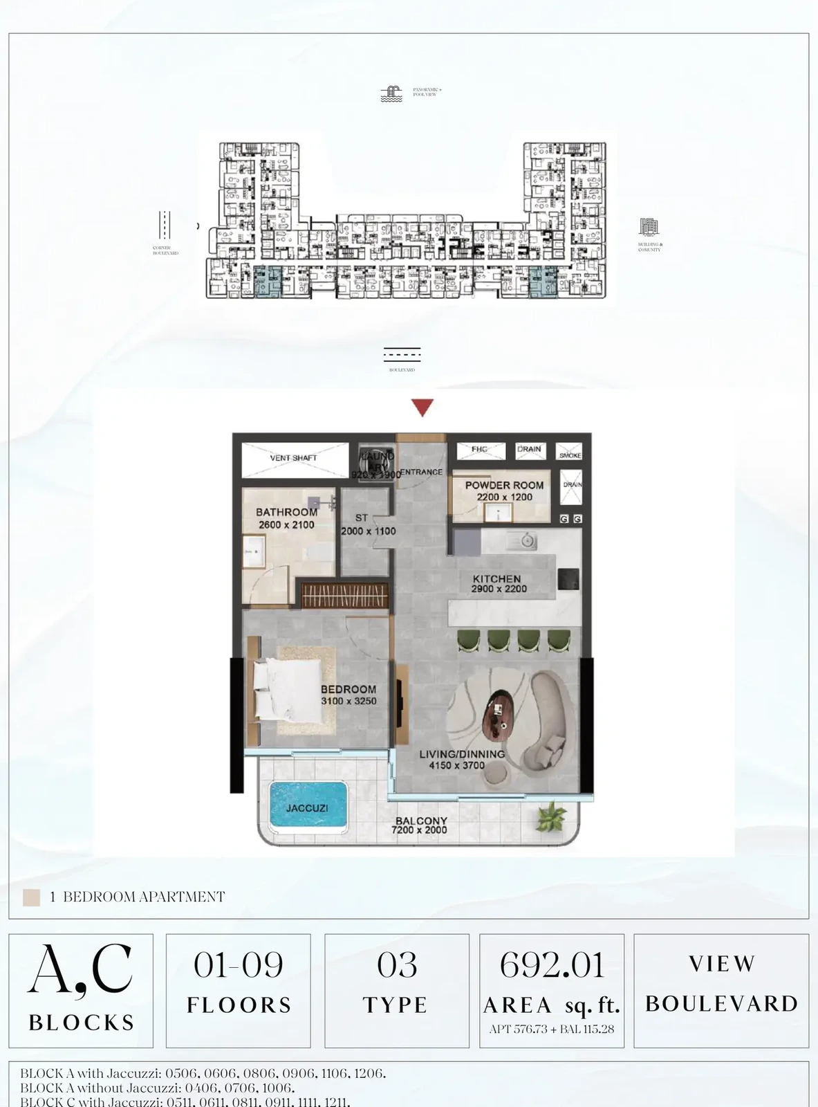 Vivanti Residences standard 1-bedroom apartment floor plan for Blocks A/C, Floors 01-09, Type 03, 692.01 sq ft