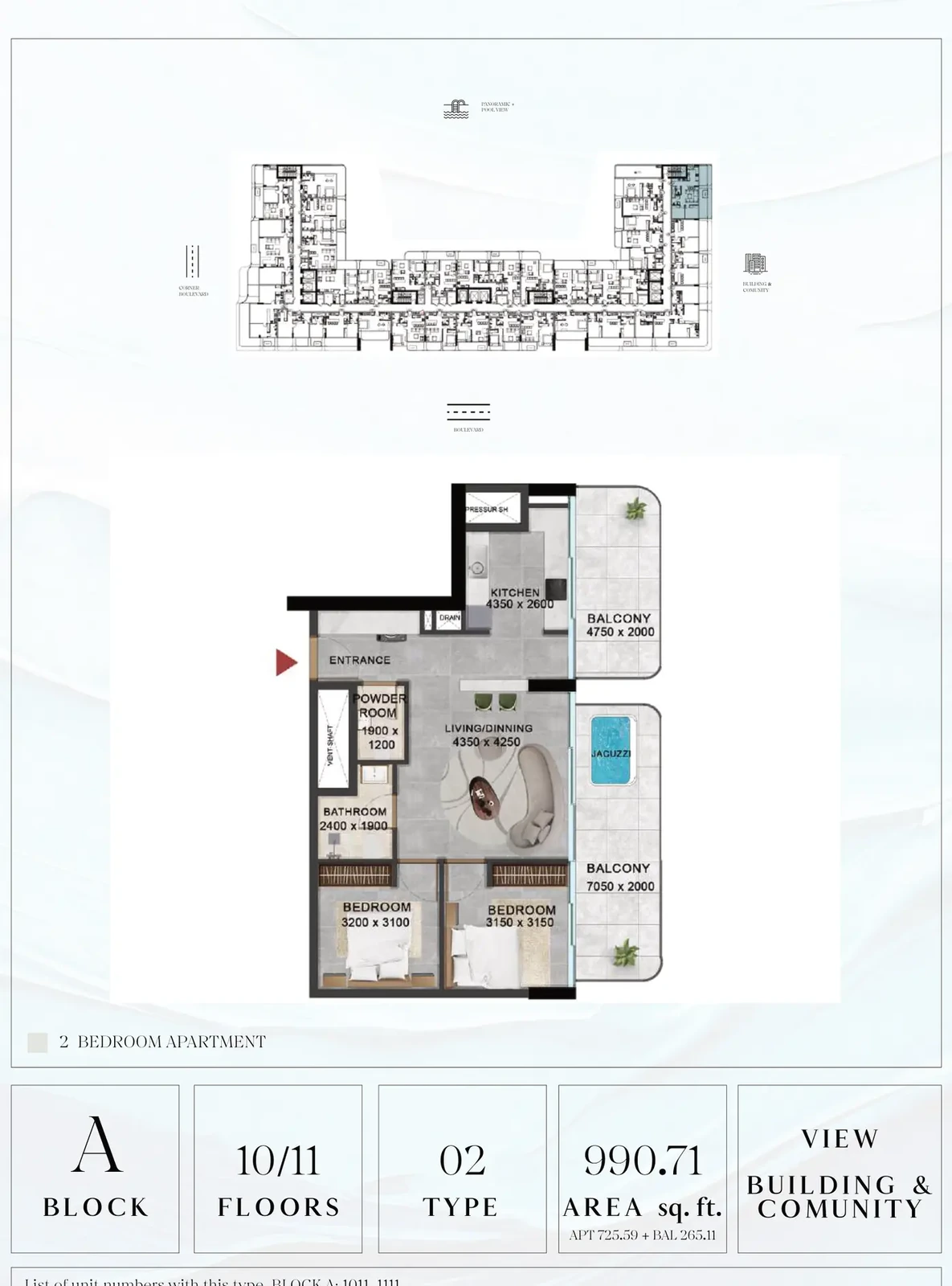 Vivanti Residences standard 2-bedroom apartment floor plan for Block A, Floors 10-11, Type 02, 990.71 sq ft