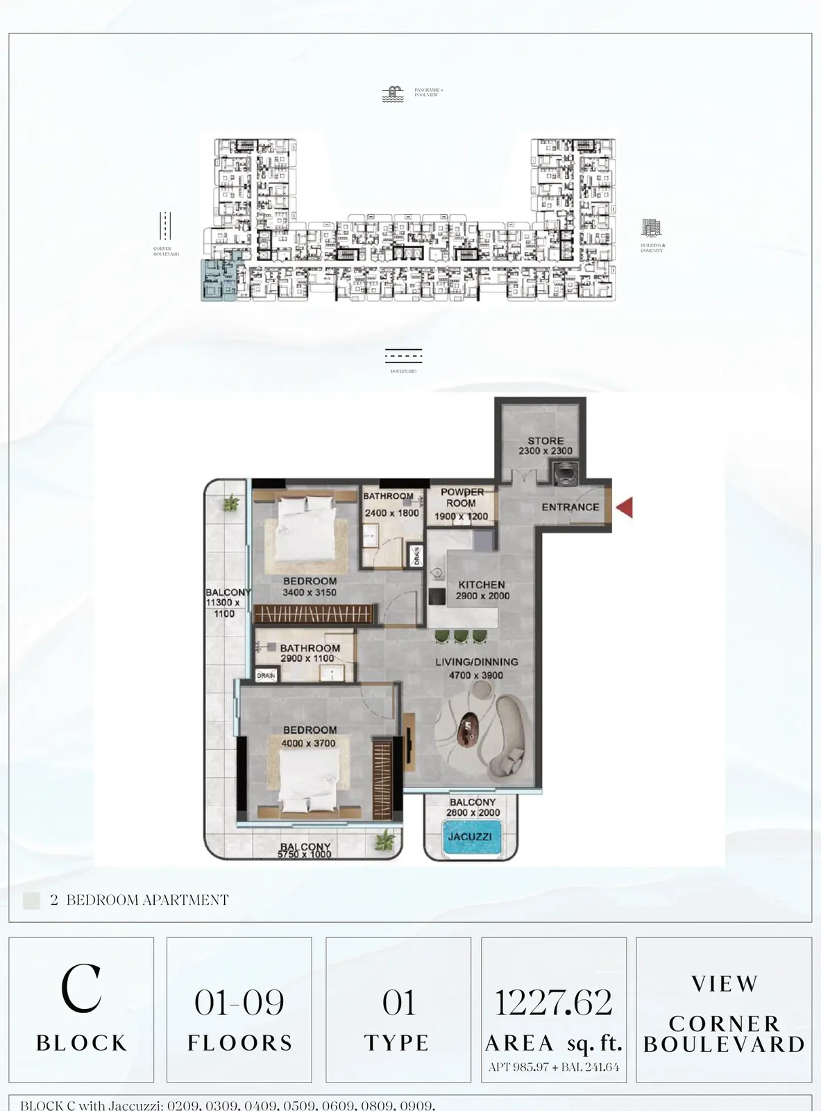 Vivanti Residences standard 2-bedroom apartment floor plan for Block C, Floors 01-09, Type 01, 1,227.62 sq ft