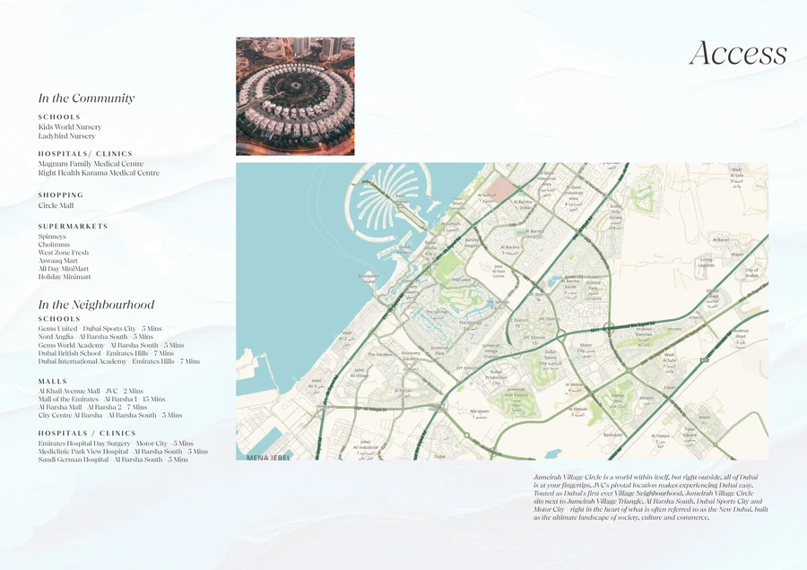 Vivanti Residences location map in Jumeirah Village Circle with nearby schools, malls and healthcare destinations