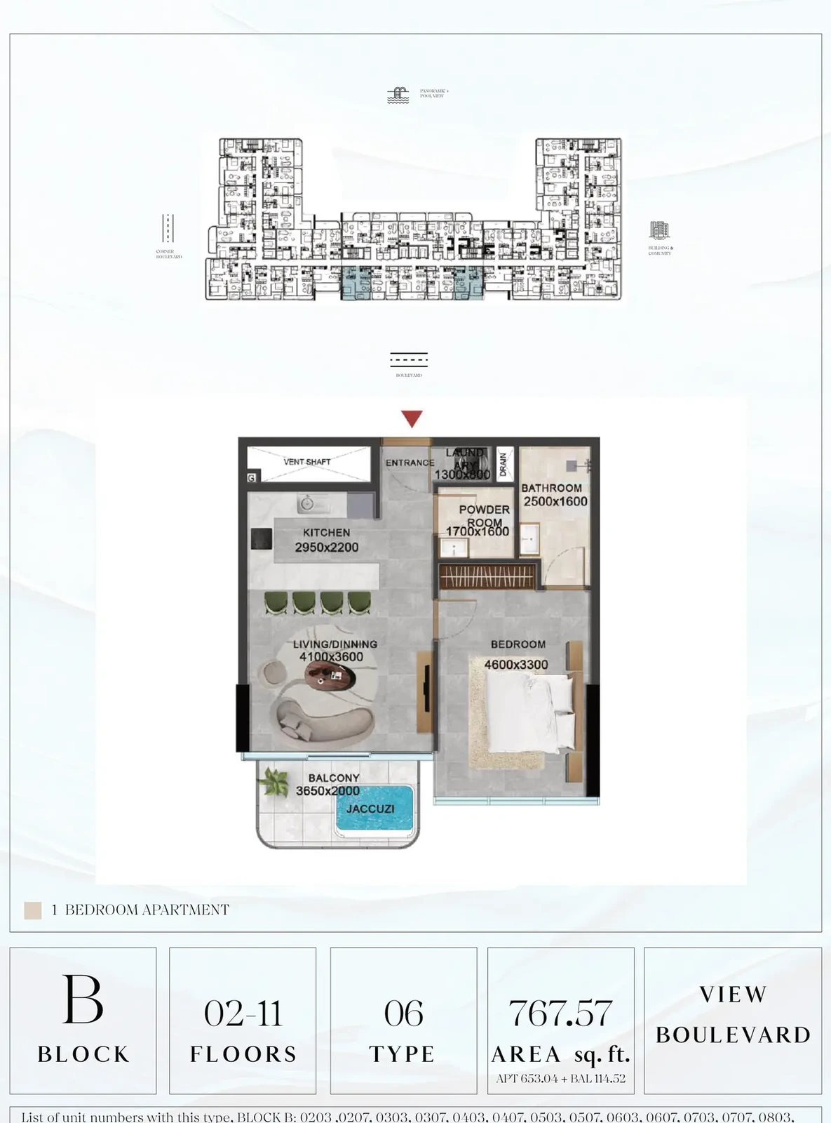 Vivanti Residences standard 1-bedroom apartment floor plan for Block B, Floors 02-11, Type 06, 767.57 sq ft