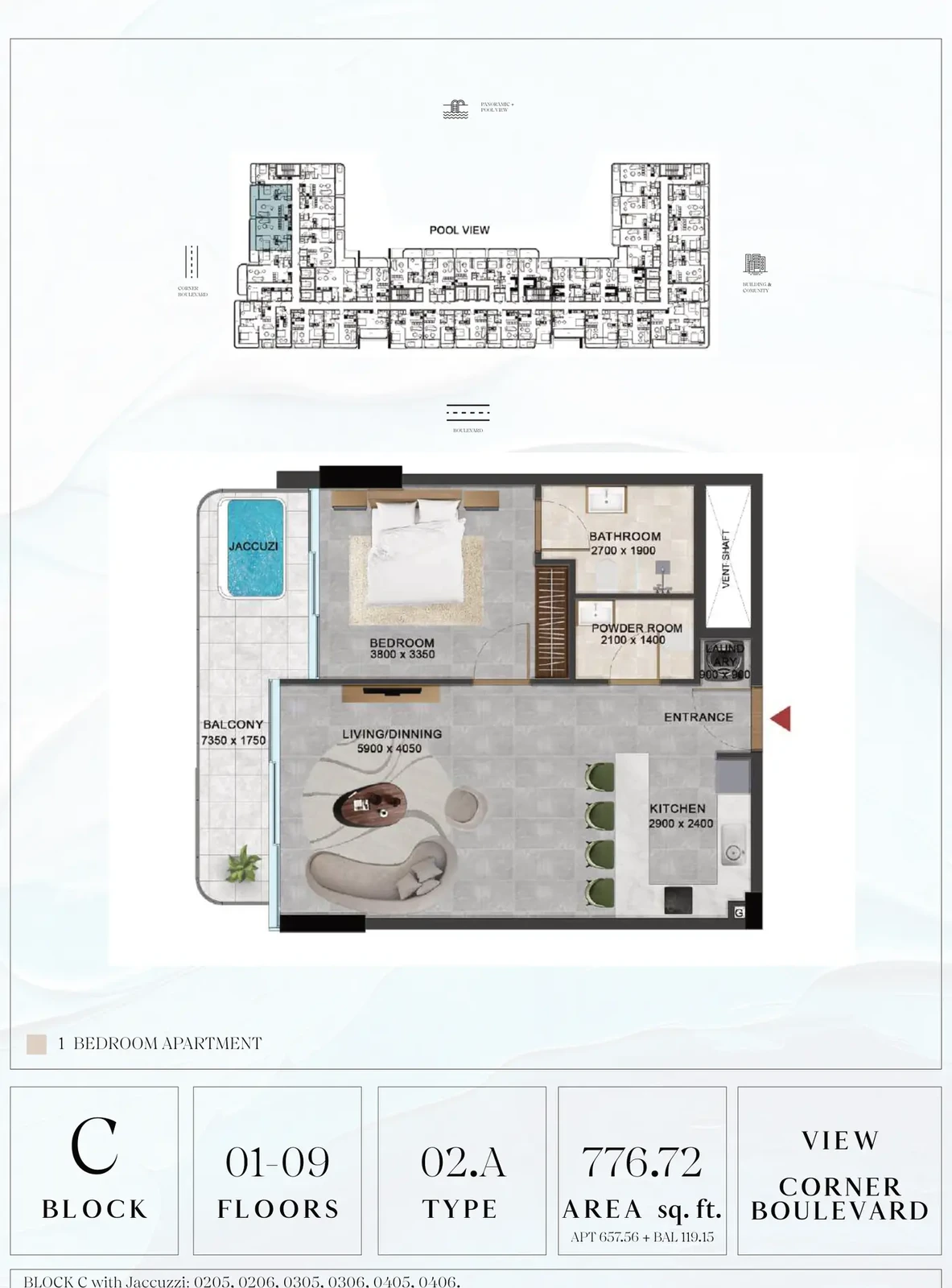 Vivanti Residences standard 1-bedroom apartment floor plan for Block C, Floors 01-09, Type 02.A, 776.72 sq ft