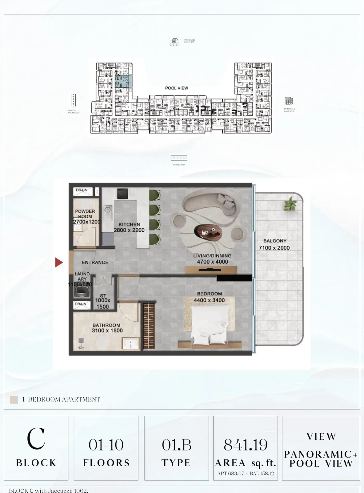 Vivanti Residences standard 1-bedroom apartment floor plan for Block C, Floors 01-10, Type 01.B, 841.19 sq ft