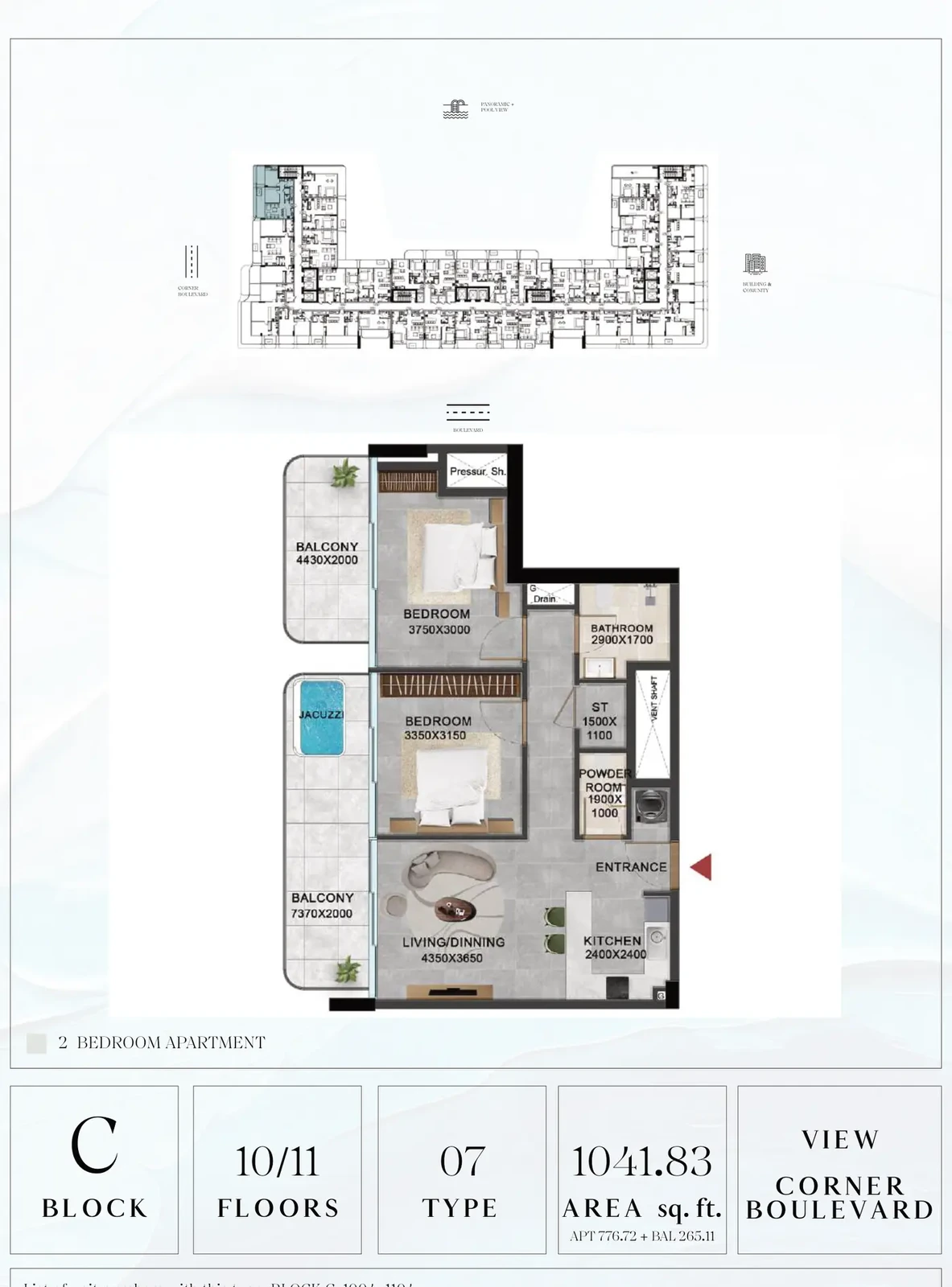 Vivanti Residences standard 2-bedroom apartment floor plan for Block C, Floors 10-11, Type 07, 1,041.83 sq ft