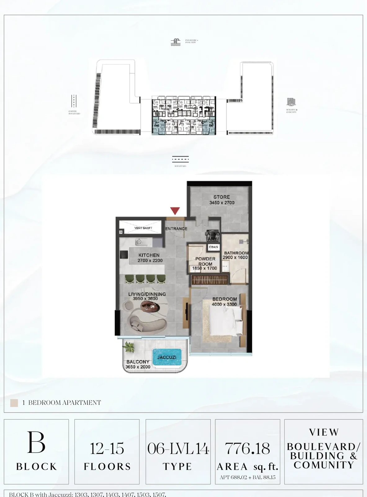 Vivanti Residences standard 1-bedroom apartment floor plan for Block B, Floors 12-15, Type 06-LVL14, 776.18 sq ft