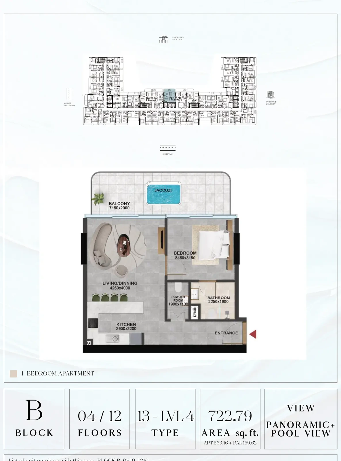Vivanti Residences standard 1-bedroom apartment floor plan for Block B, Floors 04/12, Type 13-LVL4, 722.79 sq ft