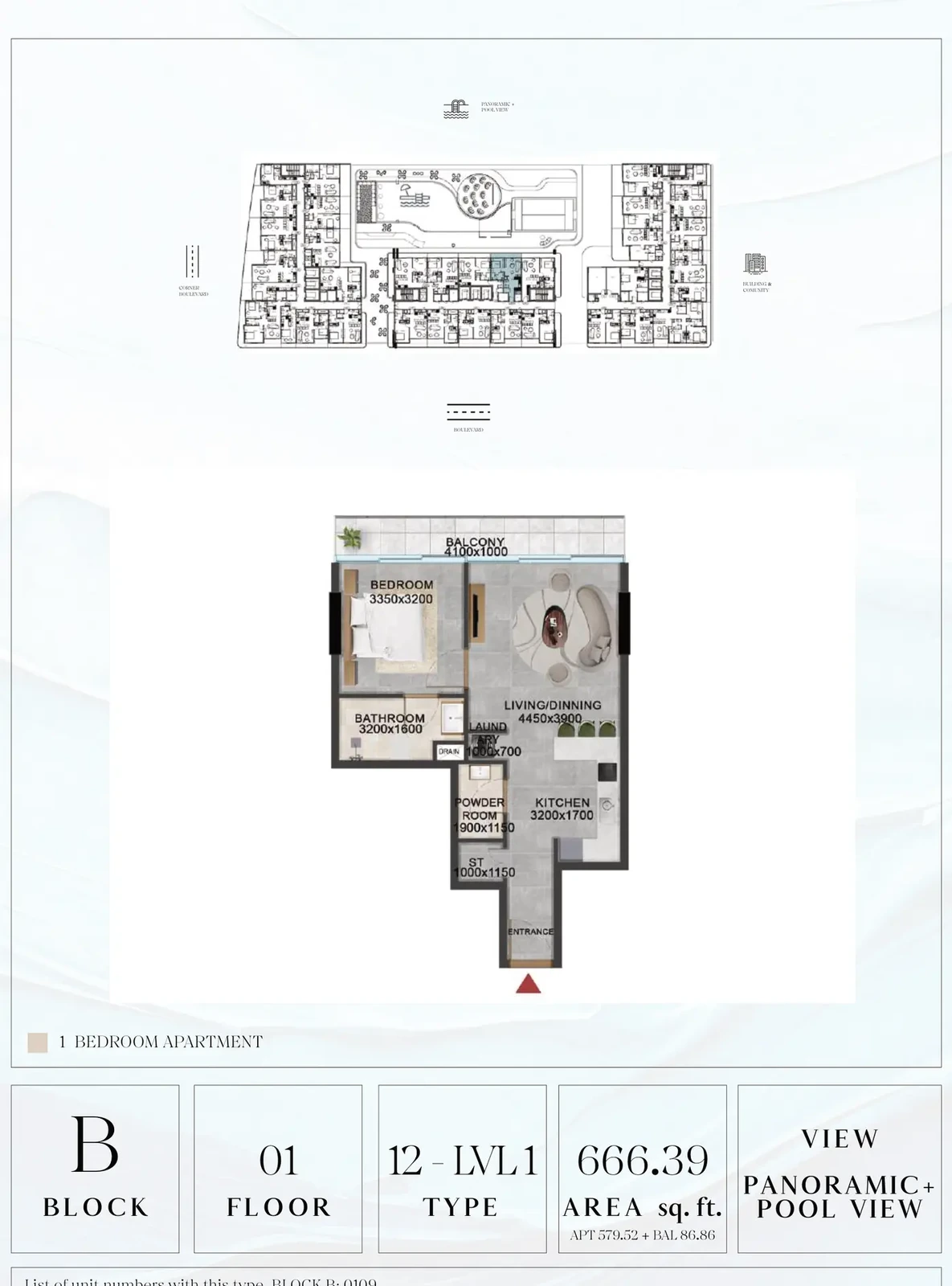 Vivanti Residences standard 1-bedroom apartment floor plan for Block B, Floor 01, Type 12-LVL1, 666.39 sq ft