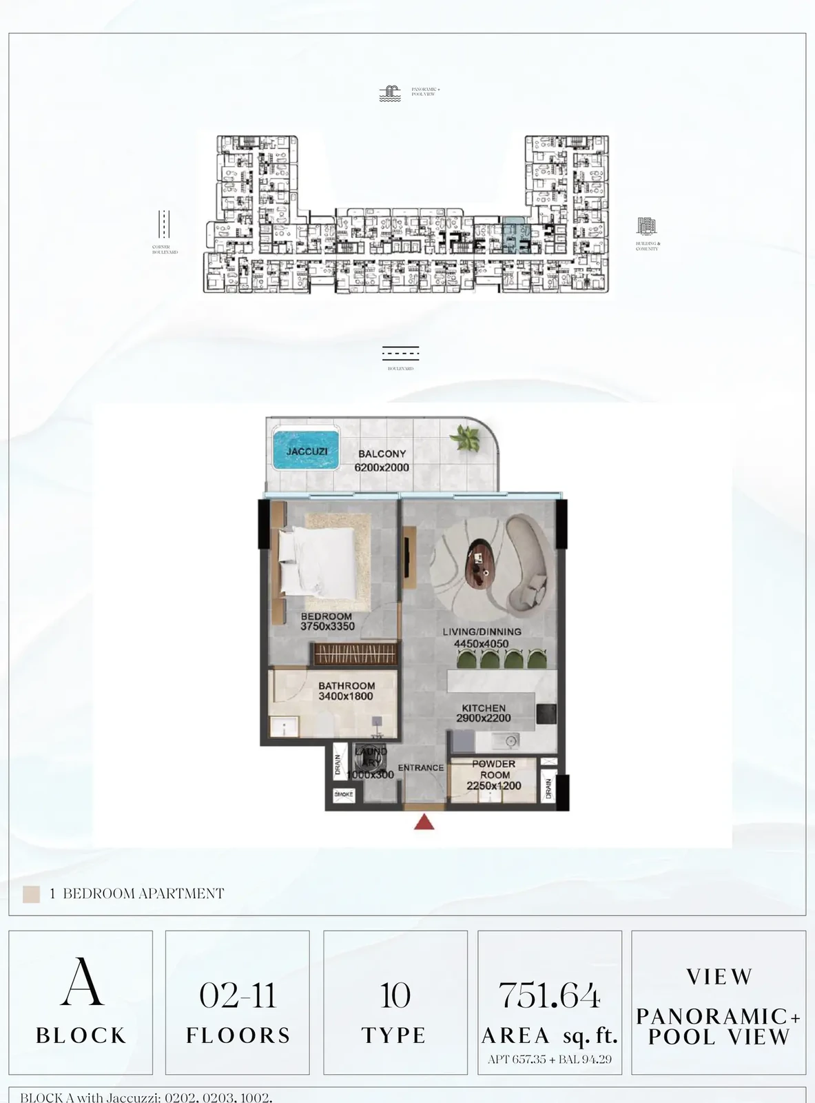 Vivanti Residences standard 1-bedroom apartment floor plan for Block A, Floors 02-11, Type 10, 751.64 sq ft
