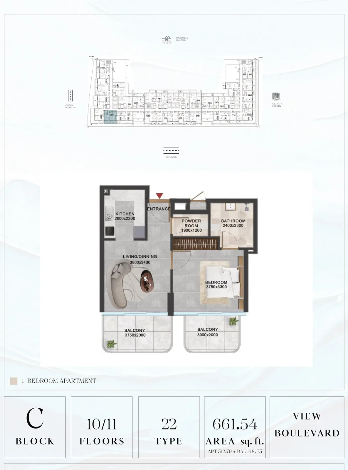 Vivanti Residences standard 1-bedroom apartment floor plan for Block C, Floors 10-11, Type 22, 661.54 sq ft