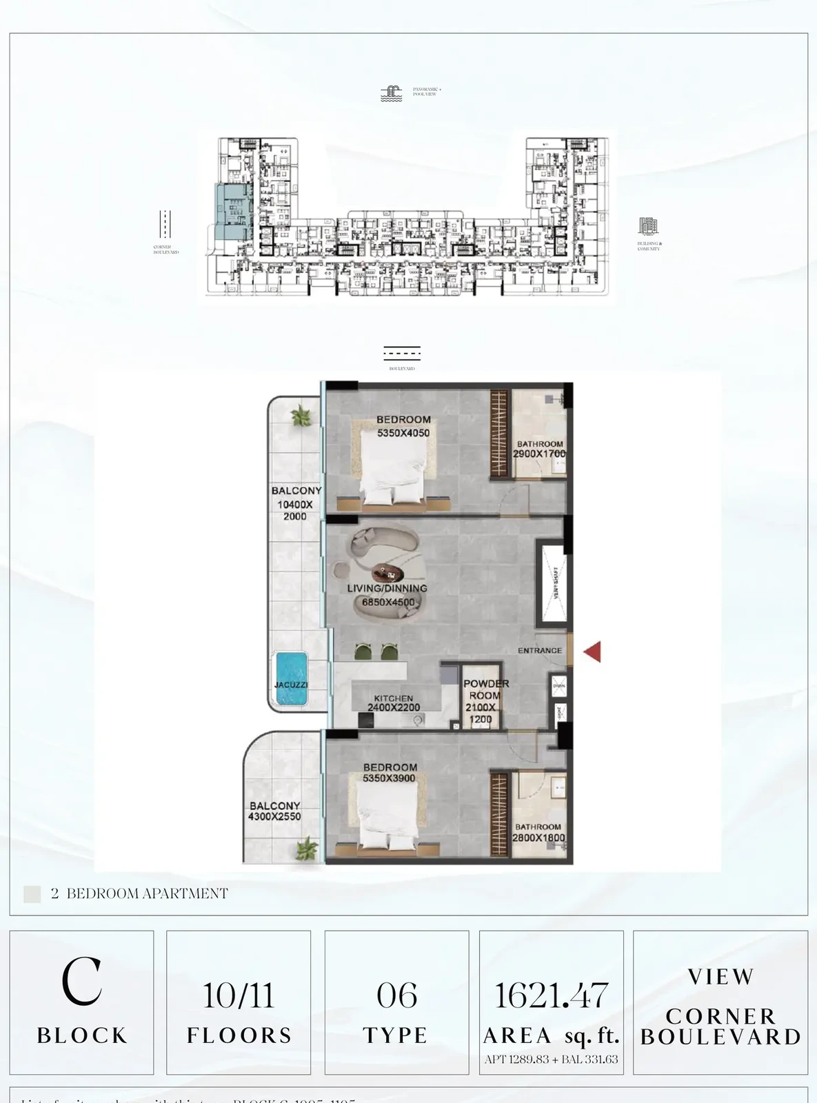 Vivanti Residences standard 2-bedroom apartment floor plan for Block C, Floors 10-11, Type 06, 1,621.47 sq ft