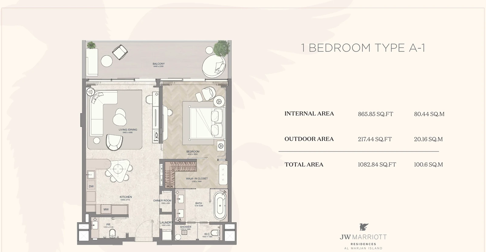 JW Marriott Residences 1-bedroom Type A-1 apartment floor plan, 1,082.84 sq ft