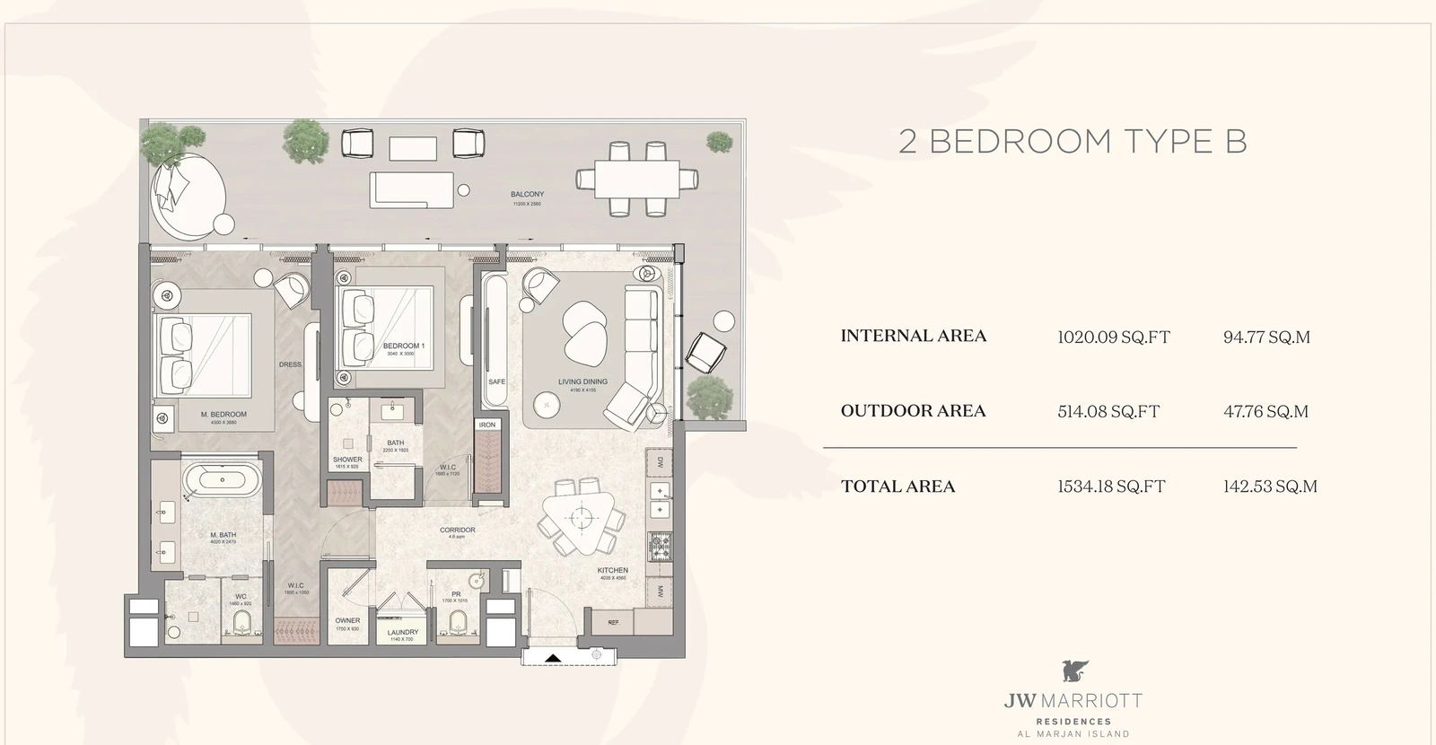 JW Marriott Residences 2-bedroom Type B apartment floor plan, 1,534.18 sq ft