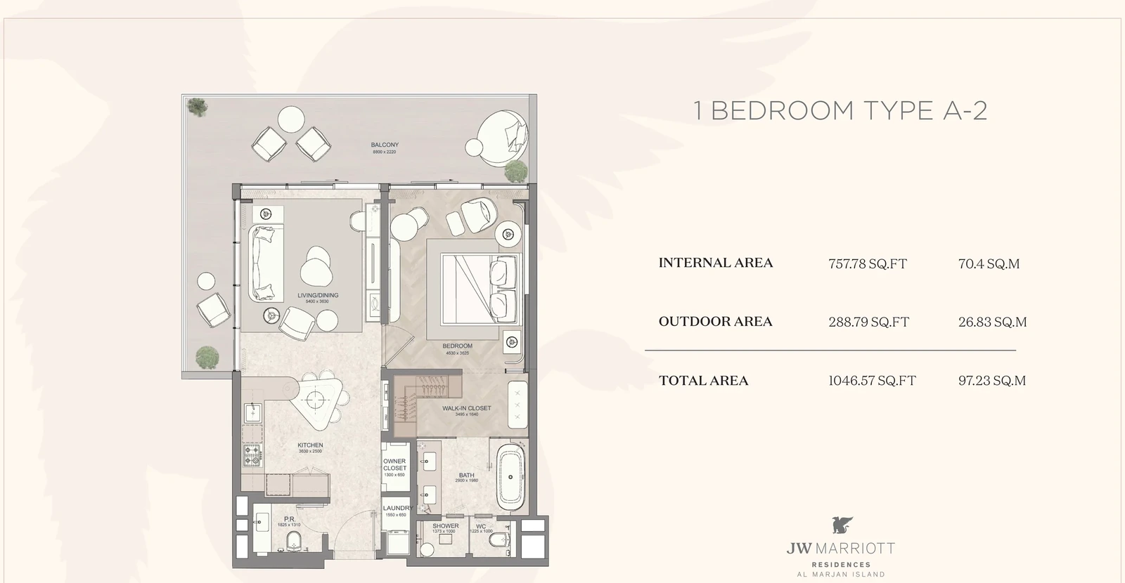 JW Marriott Residences 1-bedroom Type A-2 apartment floor plan, 1,046.57 sq ft