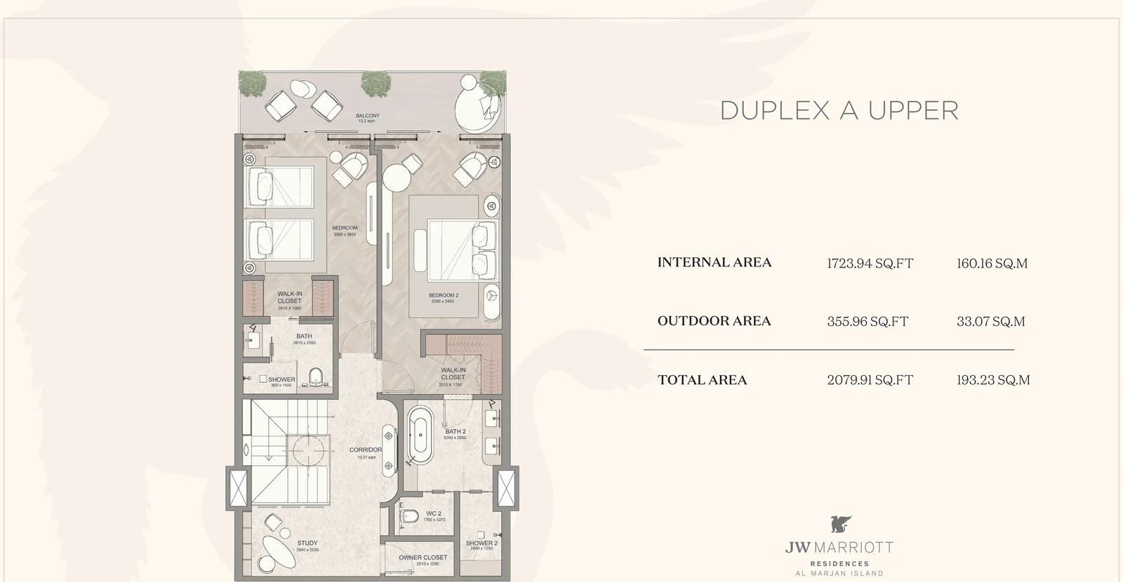 JW Marriott Residences 3-bedroom Type A duplex upper-level floor plan, 2,079.91 sq ft