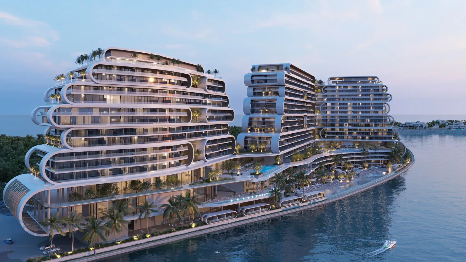 Waterfront exterior of JW Marriott Residences on Al Marjan Island
