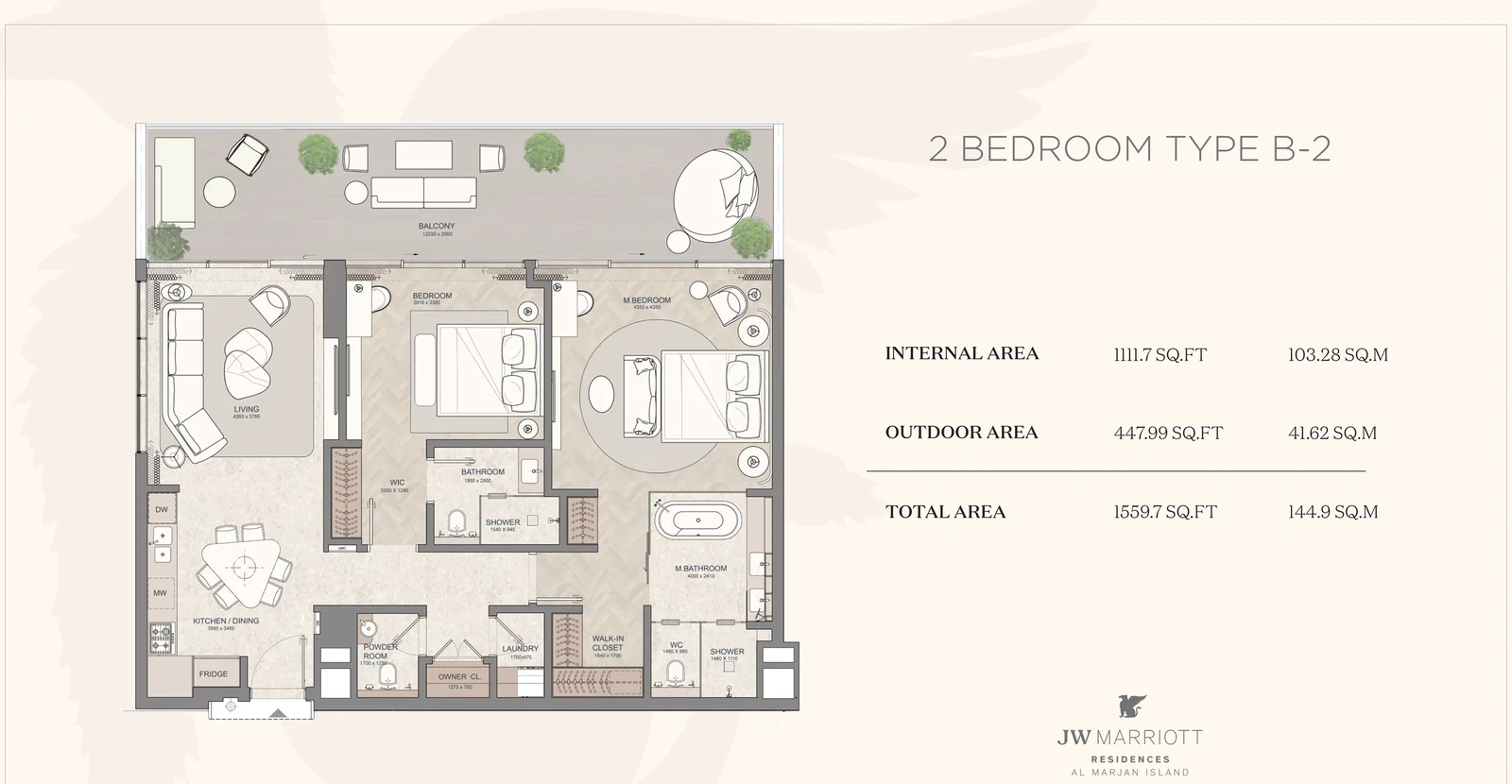 JW Marriott Residences 2-bedroom Type B-2 apartment floor plan, 1,559.70 sq ft