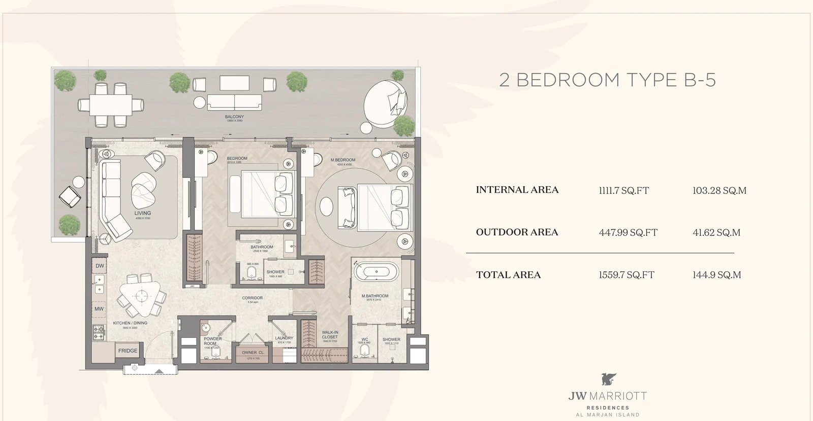 JW Marriott Residences 2-bedroom Type B-5 apartment floor plan, 1,559.70 sq ft