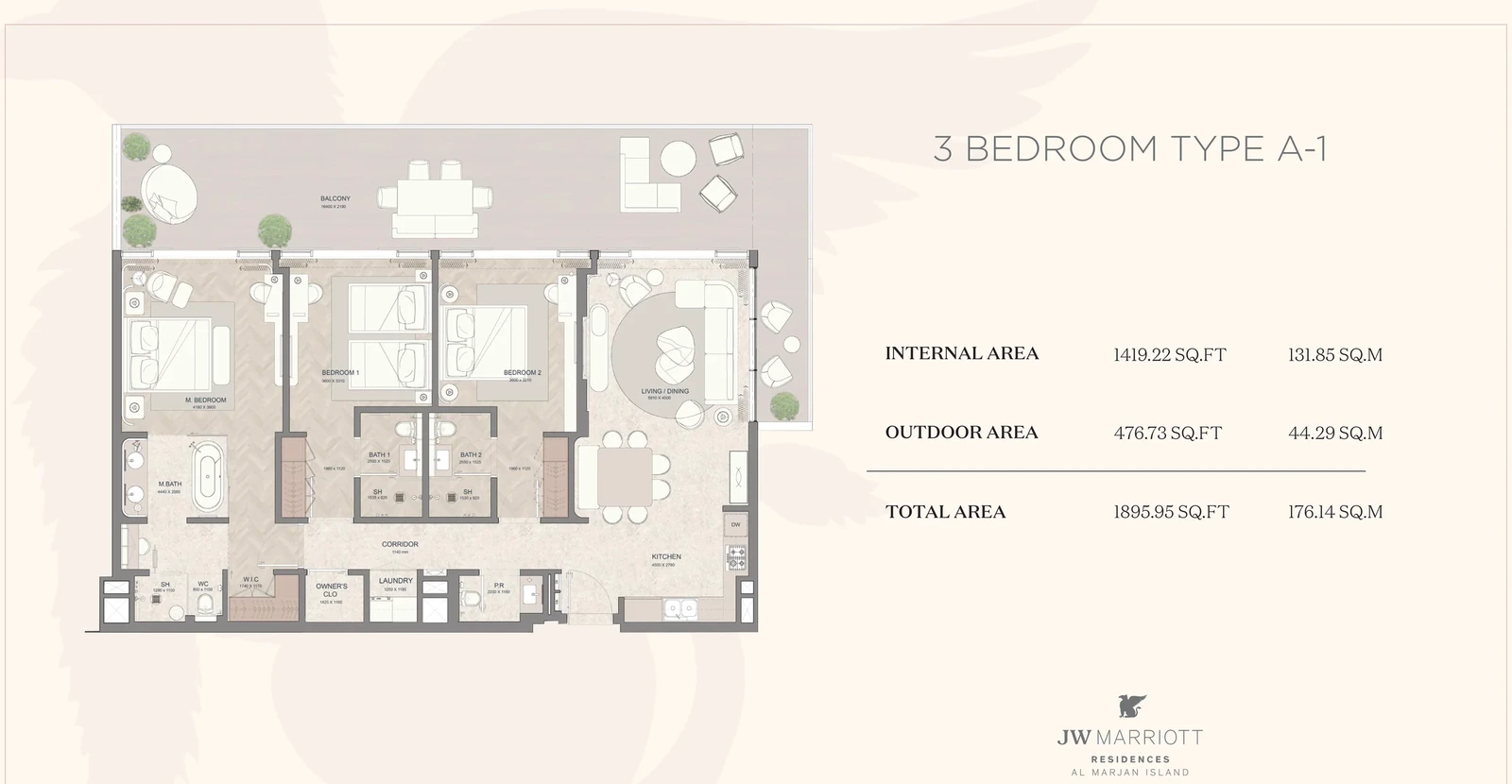 JW Marriott Residences 3-bedroom Type A-1 apartment floor plan, 1,895.95 sq ft