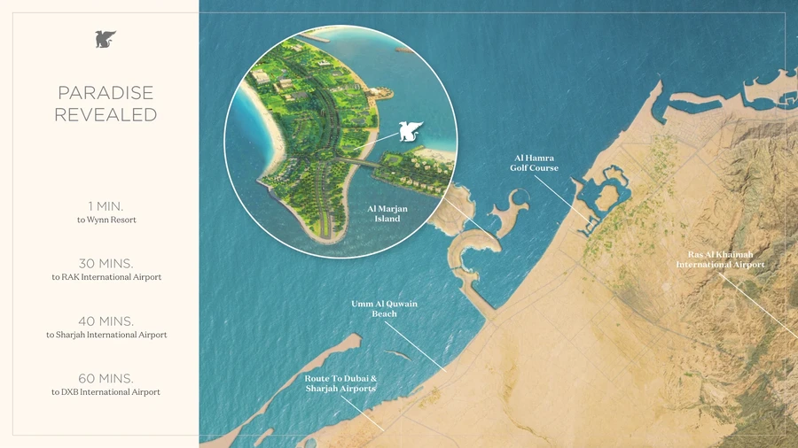 JW Marriott Residences location map on Al Marjan Island showing nearby airports, Wynn Resort and Al Hamra Golf Course