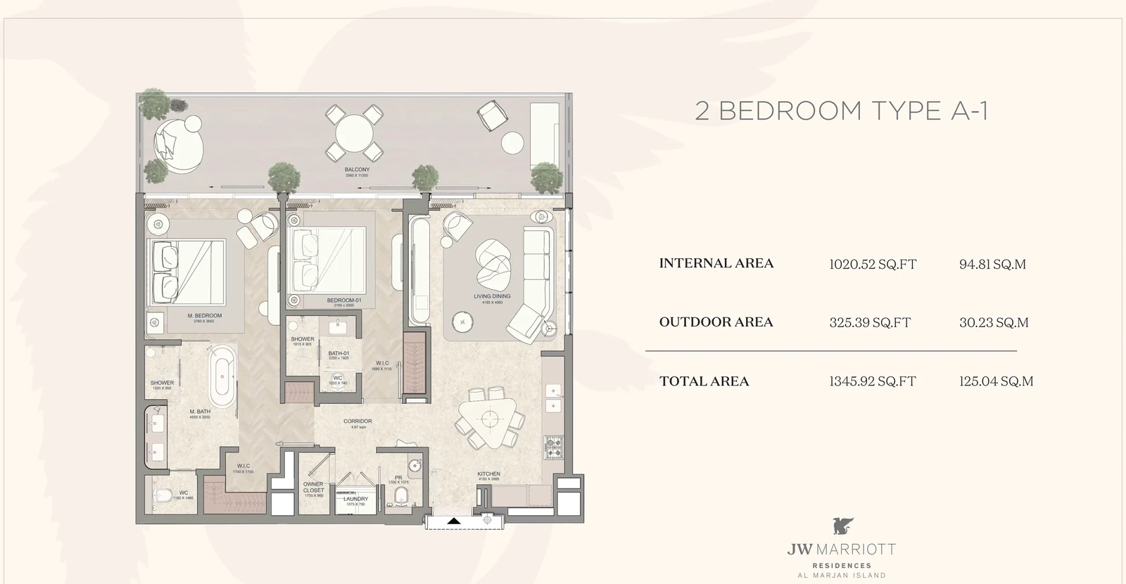 JW Marriott Residences 2-bedroom Type A-1 apartment floor plan, 1,345.92 sq ft