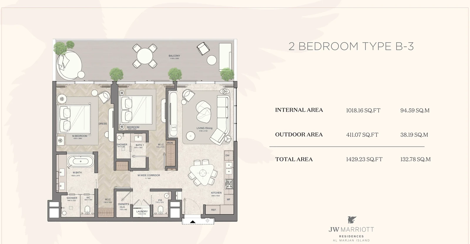 JW Marriott Residences 2-bedroom Type B-3 apartment floor plan, 1,429.23 sq ft