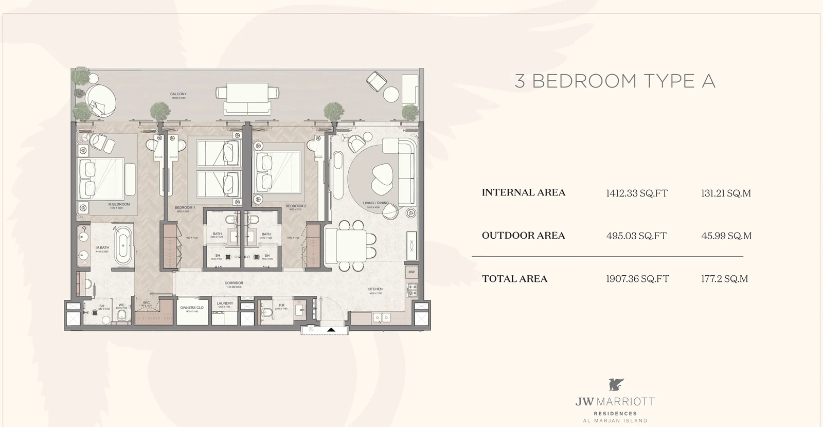 JW Marriott Residences 3-bedroom Type A apartment floor plan, 1,907.36 sq ft