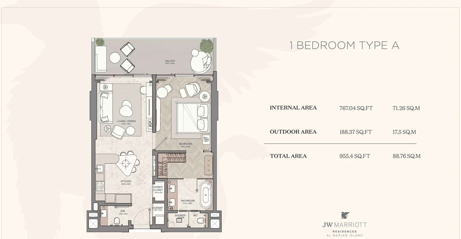 JW Marriott Residences 1-bedroom Type A apartment floor plan, 955.40 sq ft