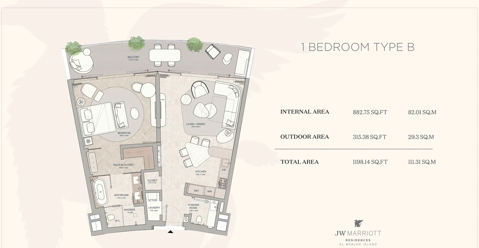 JW Marriott Residences 1-bedroom Type B apartment floor plan, 1,198.14 sq ft